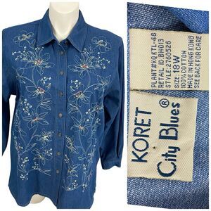 Koret City Blues Shirt Womens 18W Chambray Beaded Floral Coastal Work Garden